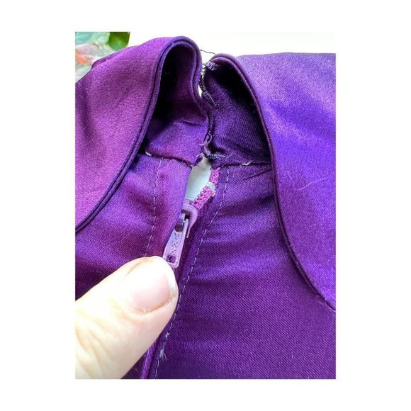 60s Scooter Dress Royal Purple Satin & Multicolor Floral Velvet Drop Waist Sm - Picture 10 of 16